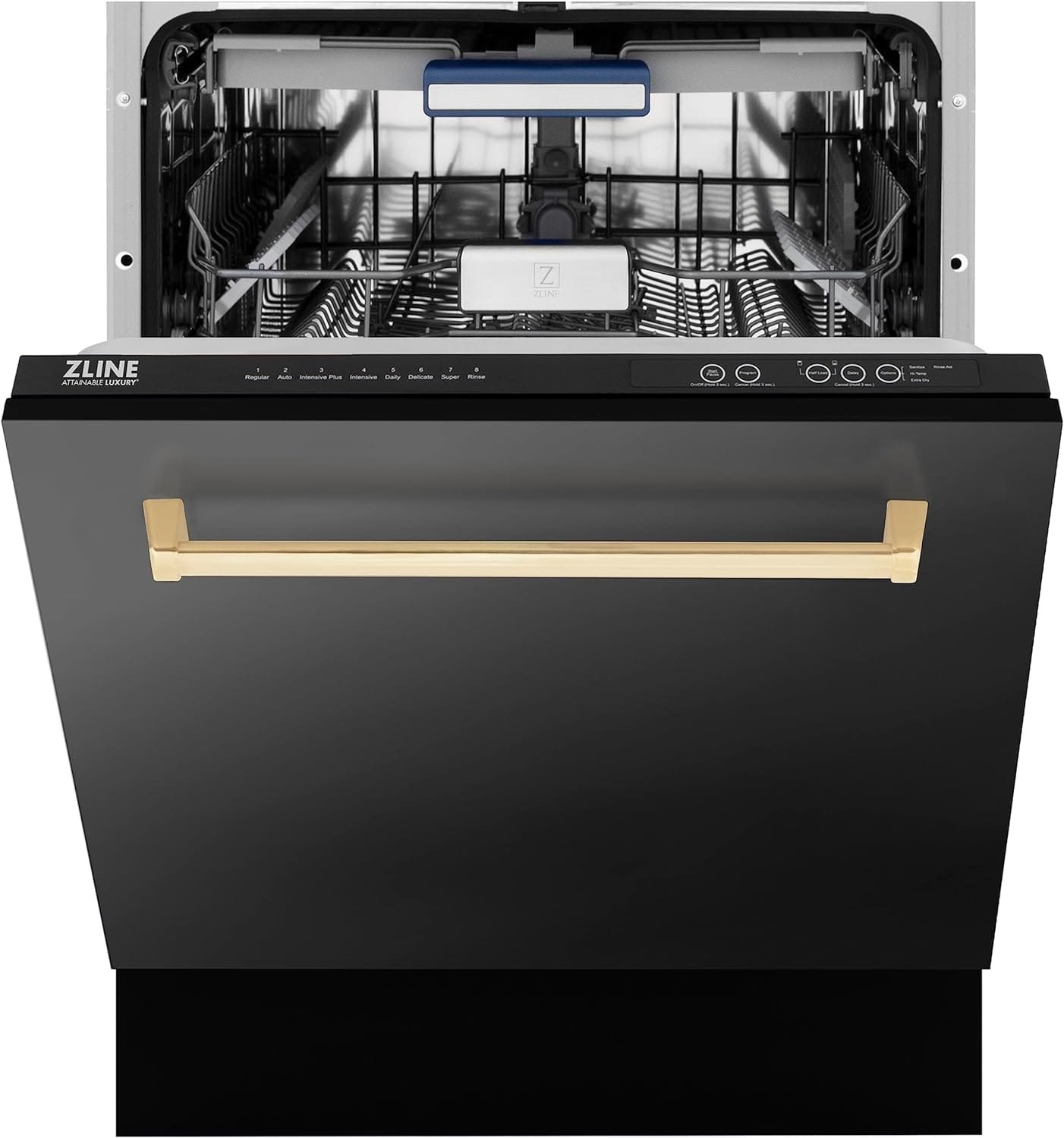 ZLINE Autograph Edition 24 3rd Rack Top Control Tall Tub Dishwasher in Black Stainless Steel with Gold Handle, 51dBa (DWVZ-BS-24-G)