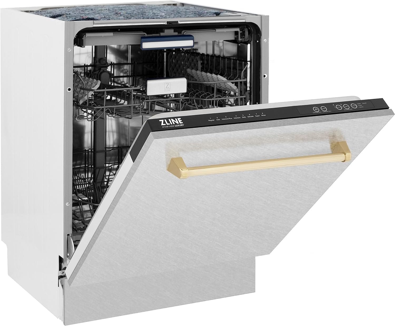 ZLINE Autograph Edition 24 3rd Rack Top Control Tall Tub Dishwasher in Fingerprint Resistant Stainless Steel with Gold Handle, 51dBa (DWVZ-SN-24-G) ZLINE Autograph Edition 24 3rd Rack Top Control Tall Tub Dishwasher in Fingerprint Resistant Stainless Steel with Gold Handle, 51dBa (DWVZ-SN-24-G)