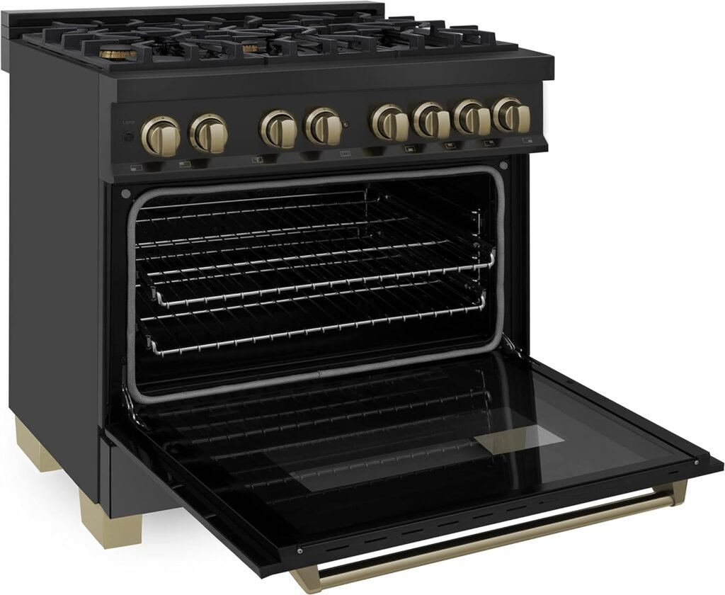 ZLINE Autograph Edition 36 4.6 cu. ft. Dual Fuel Range with Gas Stove and Electric Oven in Black Stainless Steel with Champagne Bronze Accents (RABZ-36-CB)