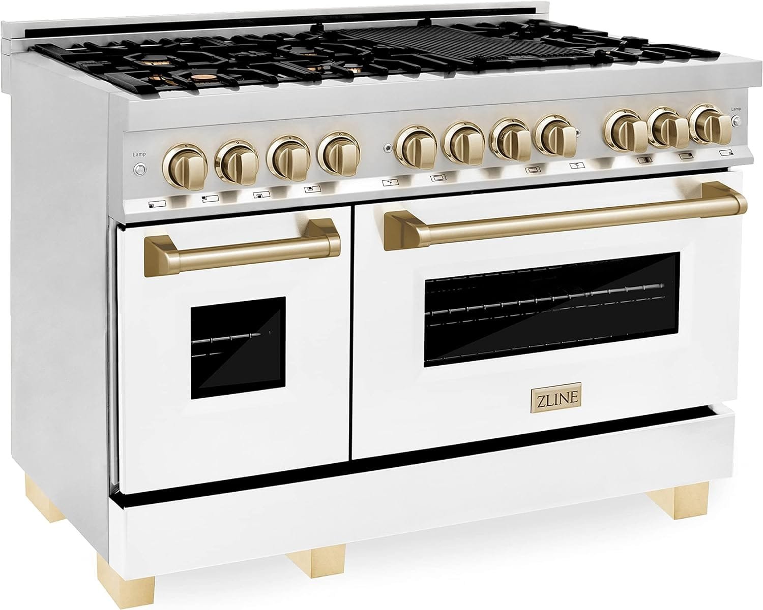 ZLINE Autograph Edition 48 6.0 cu. ft. Dual Fuel Range with Gas Stove and Electric Oven in Stainless Steel with White Matte Door and Gold Accents (RAZ-WM-48-G) ZLINE Autograph Edition 48 6.0 cu. ft. Dual Fuel Range with Gas Stove and Electric Oven in Stainless Steel with White Matte Door and Gold Accents (RAZ-WM-48-G)