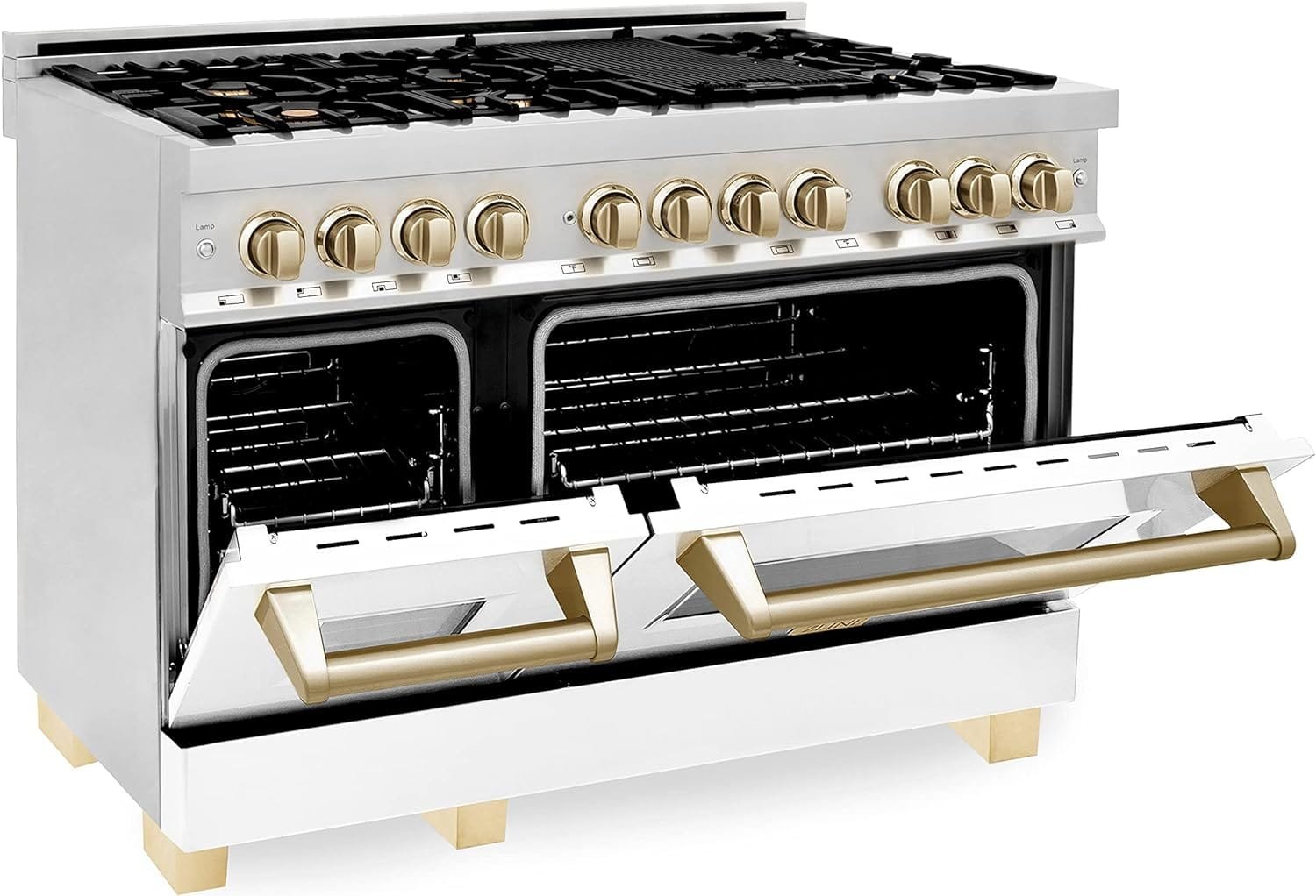ZLINE Autograph Edition 48 6.0 cu. ft. Dual Fuel Range with Gas Stove and Electric Oven in Stainless Steel with White Matte Door and Gold Accents (RAZ-WM-48-G) ZLINE Autograph Edition 48 6.0 cu. ft. Dual Fuel Range with Gas Stove and Electric Oven in Stainless Steel with White Matte Door and Gold Accents (RAZ-WM-48-G)