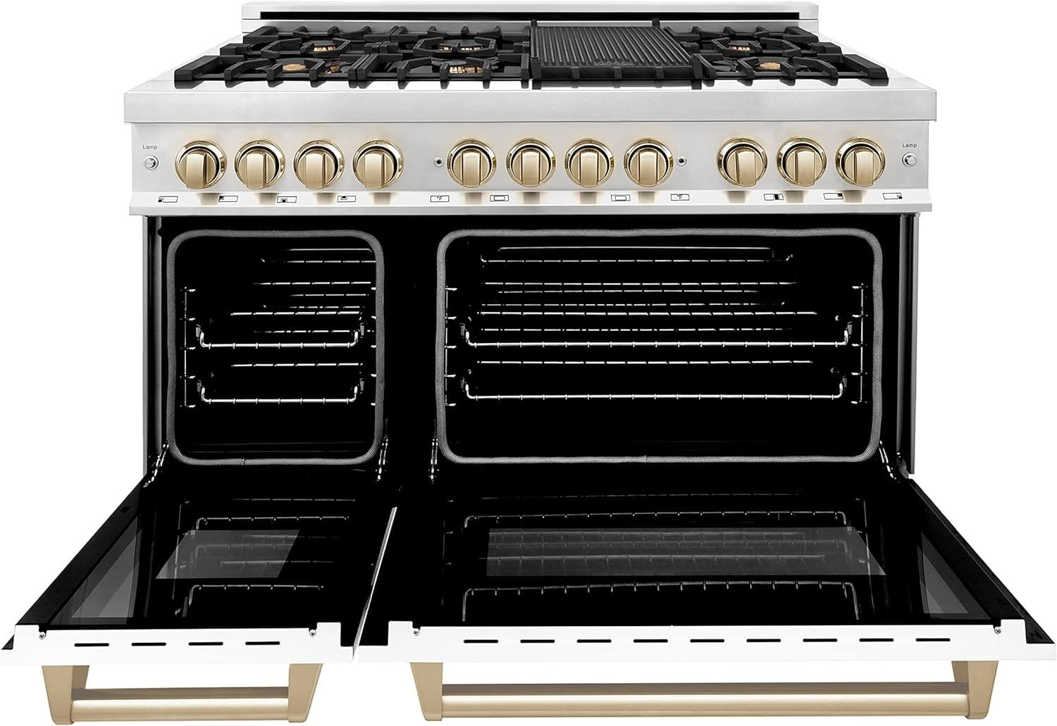 ZLINE Autograph Edition 48 6.0 cu. ft. Dual Fuel Range with Gas Stove and Electric Oven in Stainless Steel with White Matte Door and Gold Accents (RAZ-WM-48-G) ZLINE Autograph Edition 48 6.0 cu. ft. Dual Fuel Range with Gas Stove and Electric Oven in Stainless Steel with White Matte Door and Gold Accents (RAZ-WM-48-G)