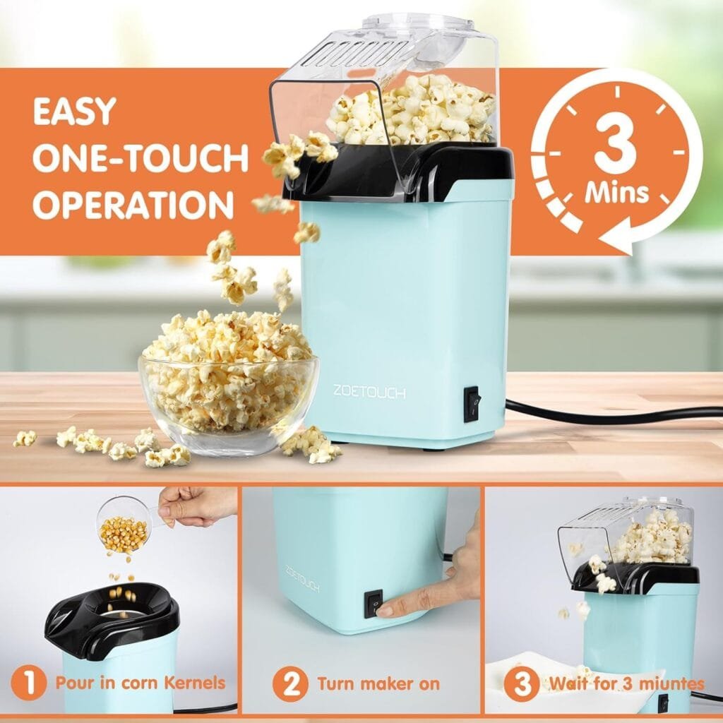 ZOETOUCH Popcorn Popper Machine 1200W Electric Hot Air Popcorn Maker with Measuring Cup  Butter Melting Tray, High Popping Rate, 2 Min Fast Making Popcorn Healthy Oil Free for Home Kids Movie Night