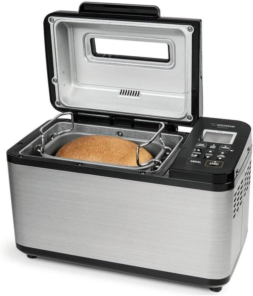 Zojirushi Bread Machine - Bake Artisan Breads with Ease - Dual Heaters - 2 LB Loaf Size - Gluten-Free Settings and More Bundle with 8-inch Bread Knife, Measuring Cup, and Cooking Book (4 Items)