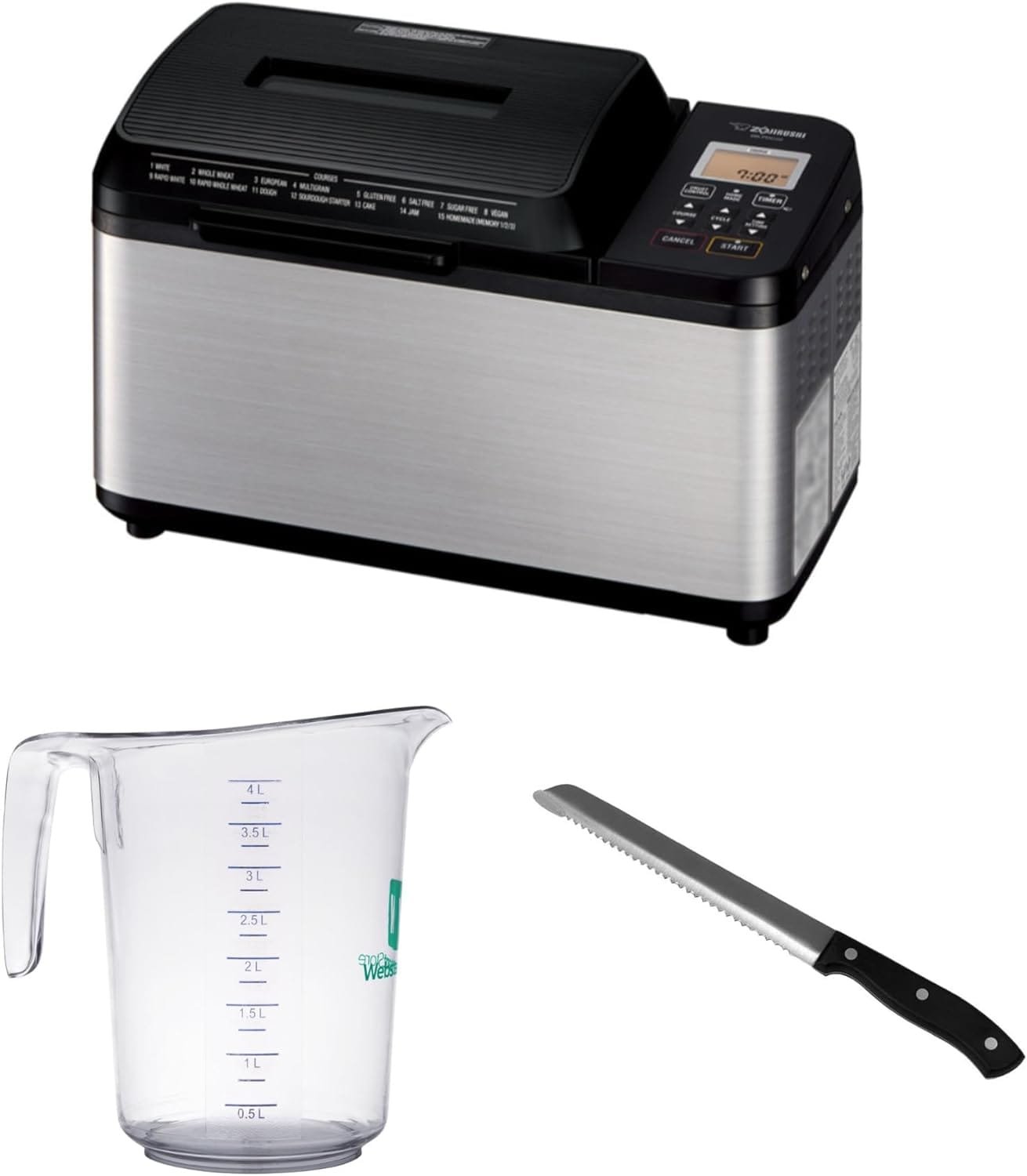 Zojirushi Bread Machine - Bake Artisan Breads with Ease - Dual Heaters - 2 LB Loaf Size - Gluten-Free Settings and More Bundle with 8-inch Bread Knife, Measuring Cup, and Cooking Book (4 Items)