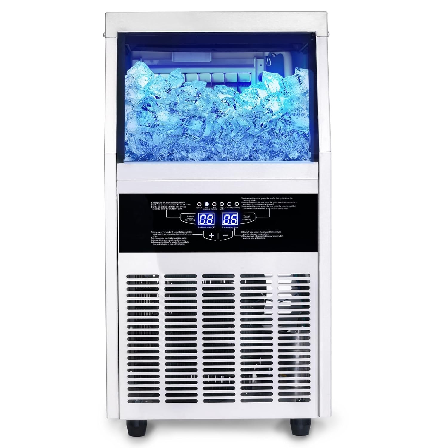 Zomagas Commercial Ice Maker Machine, 80-90LBS/24H Under Counter Ice Maker, Stainless Steel Freestanding Ice Machine with 28LBS Bin, Self-Cleaning, Scoop, Ideal for Home Bar Offices