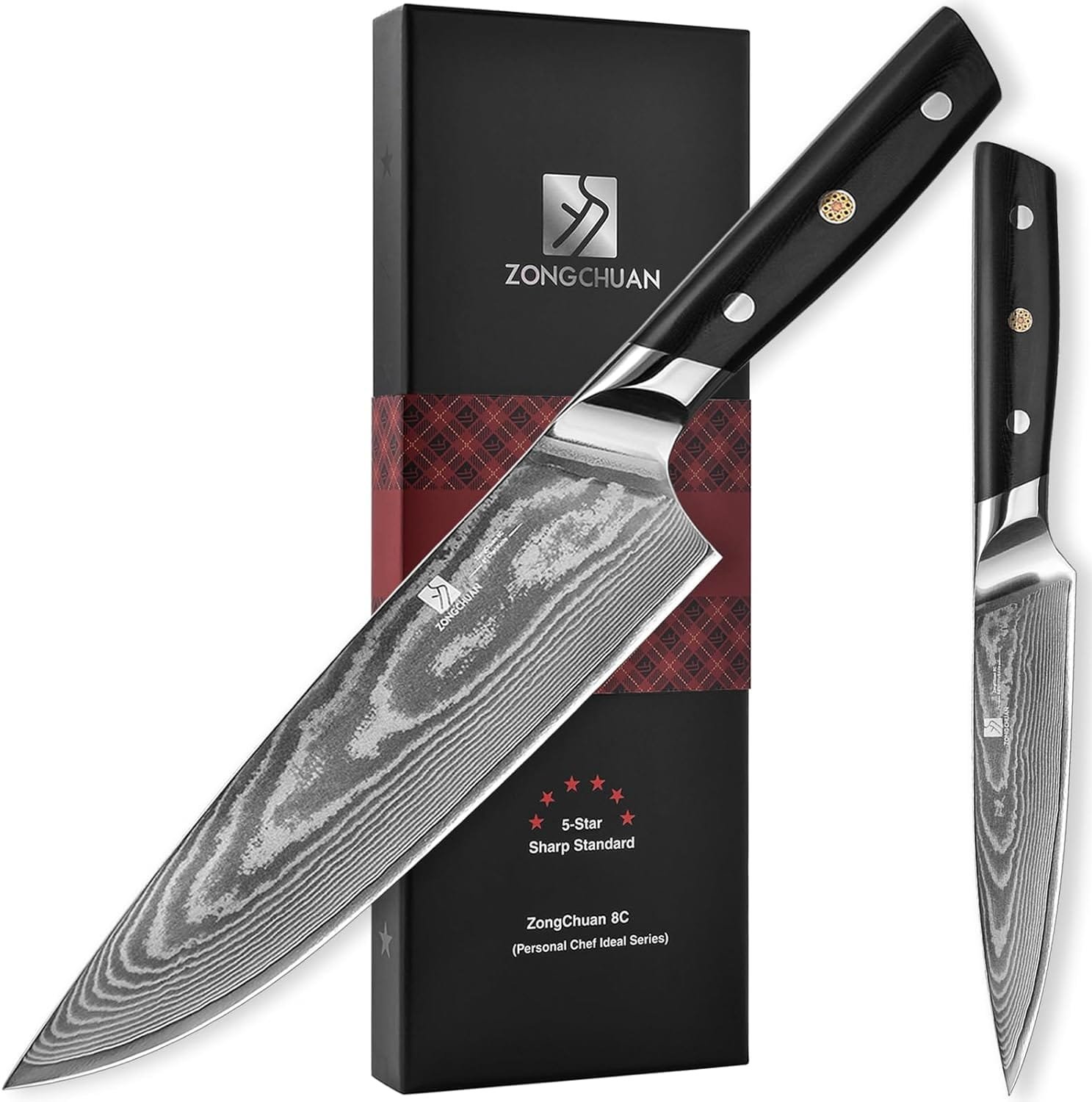 ZongChuan 8C Beginner Chef Ideal Series-Damascus Kitchen Knife Set 2pc,8 Chef Knife and 5.5 Utility Knife,High Carbon Stainless Steel,5-Star Sharp Standard,Black Ergonomic G10 Handle,Loves Gift Box ZongChuan 8C Beginner Chef Ideal Series-Damascus Kitchen Knife Set 2pc,8 Chef Knife and 5.5 Utility Knife,High Carbon Stainless Steel,5-Star Sharp Standard,Black Ergonomic G10 Handle,Loves Gift Box