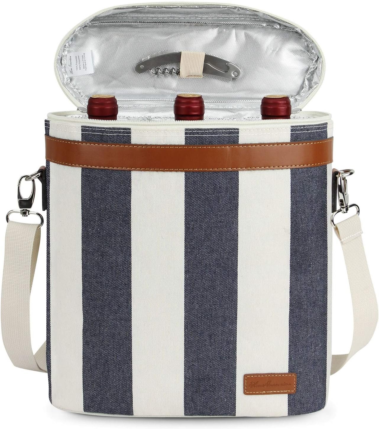 ZORMY 3 Bottle Insulated Wine Tote Cooler Bag, Portable Wine Carrier with Corkscrew Opener and Shoulder Strap for Beach Travel Picnic, Unique Wine Carrier