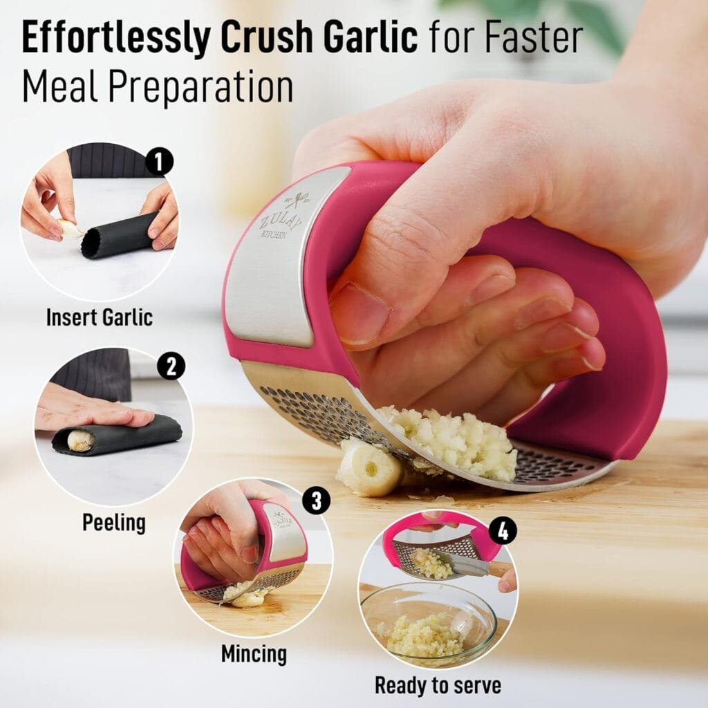 Zulay Garlic Press Rocker Set - Stainless Steel Garlic Mincer With Silicone Peeler  Scraper - Comfortable Grip Garlic Crusher - Garlic Chopper for Smash Garlic (Black)