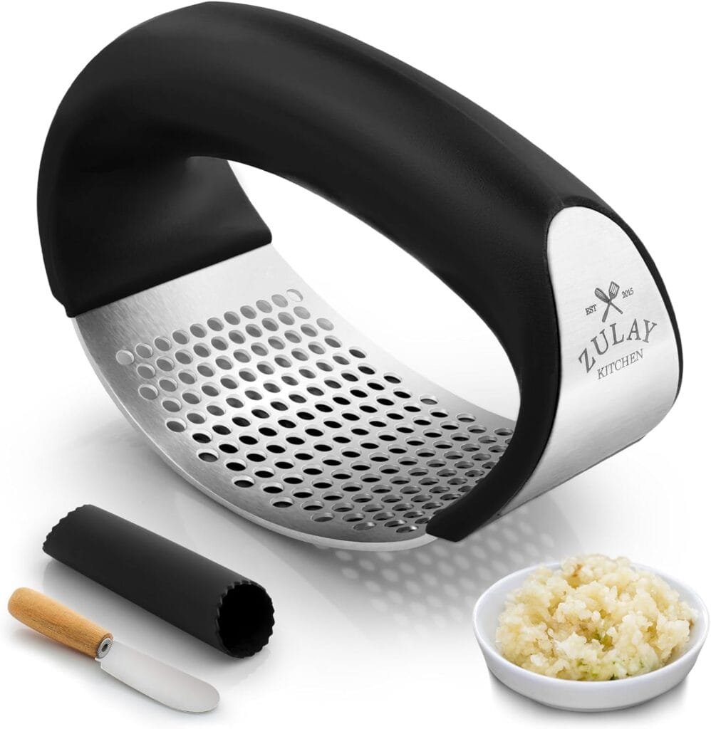 Zulay Garlic Press Rocker Set - Stainless Steel Garlic Mincer With Silicone Peeler  Scraper - Comfortable Grip Garlic Crusher - Garlic Chopper for Smash Garlic (Black)