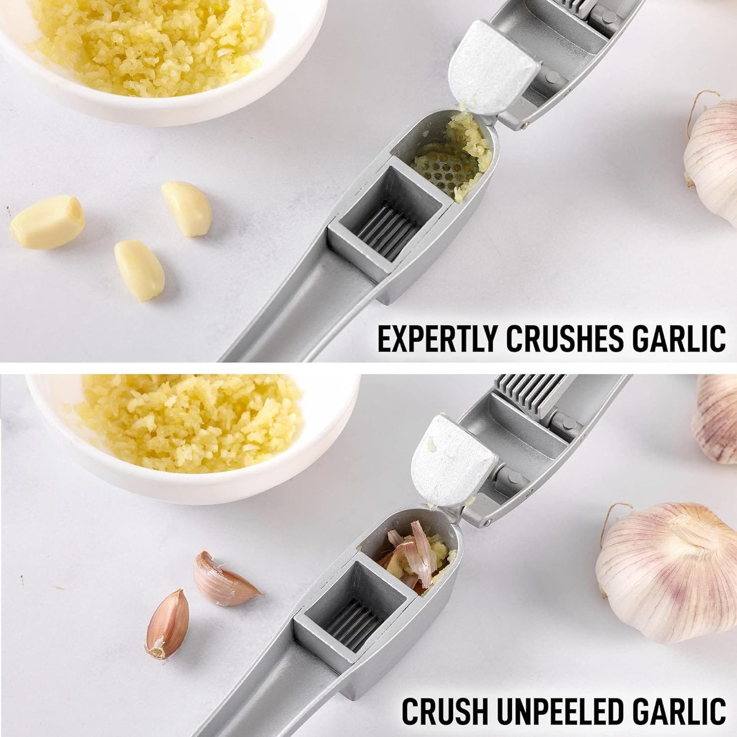Zulay Kitchen Garlic Press Set - 2-in-1 Garlic Mincer Tool - Heavy-Duty, Dual-Function Garlic Crusher with Cleaning Brush, Garlic Peeler  Garlic Cleaning Tool - Easy-to-Squeeze Garlic Slicer