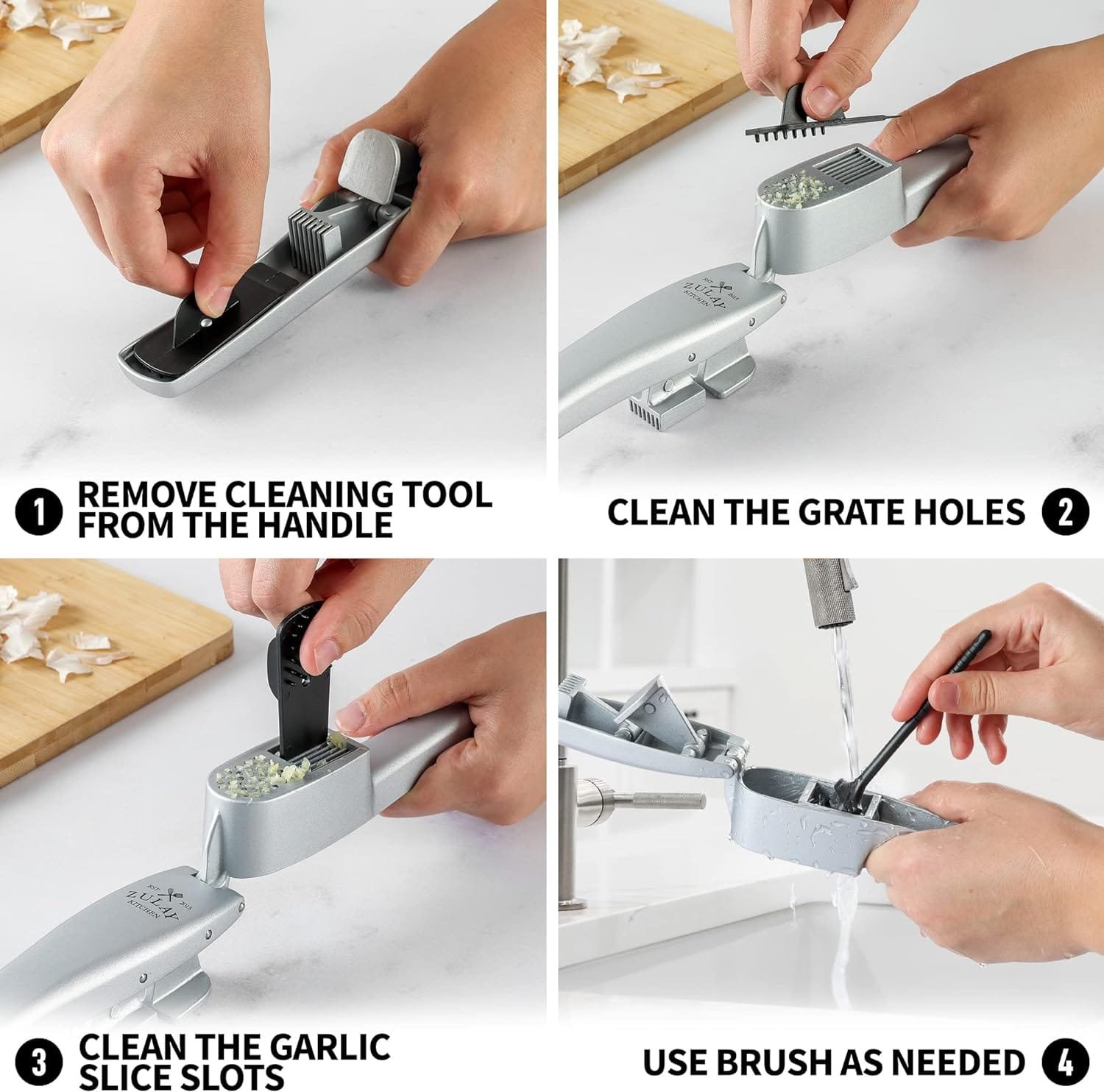 Zulay Kitchen Garlic Press Set - 2-in-1 Garlic Mincer Tool - Heavy-Duty, Dual-Function Garlic Crusher with Cleaning Brush, Garlic Peeler  Garlic Cleaning Tool - Easy-to-Squeeze Garlic Slicer