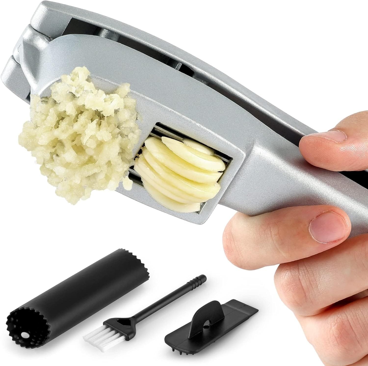 Zulay Kitchen Garlic Press Set - 2-in-1 Garlic Mincer Tool - Heavy-Duty, Dual-Function Garlic Crusher with Cleaning Brush, Garlic Peeler  Garlic Cleaning Tool - Easy-to-Squeeze Garlic Slicer