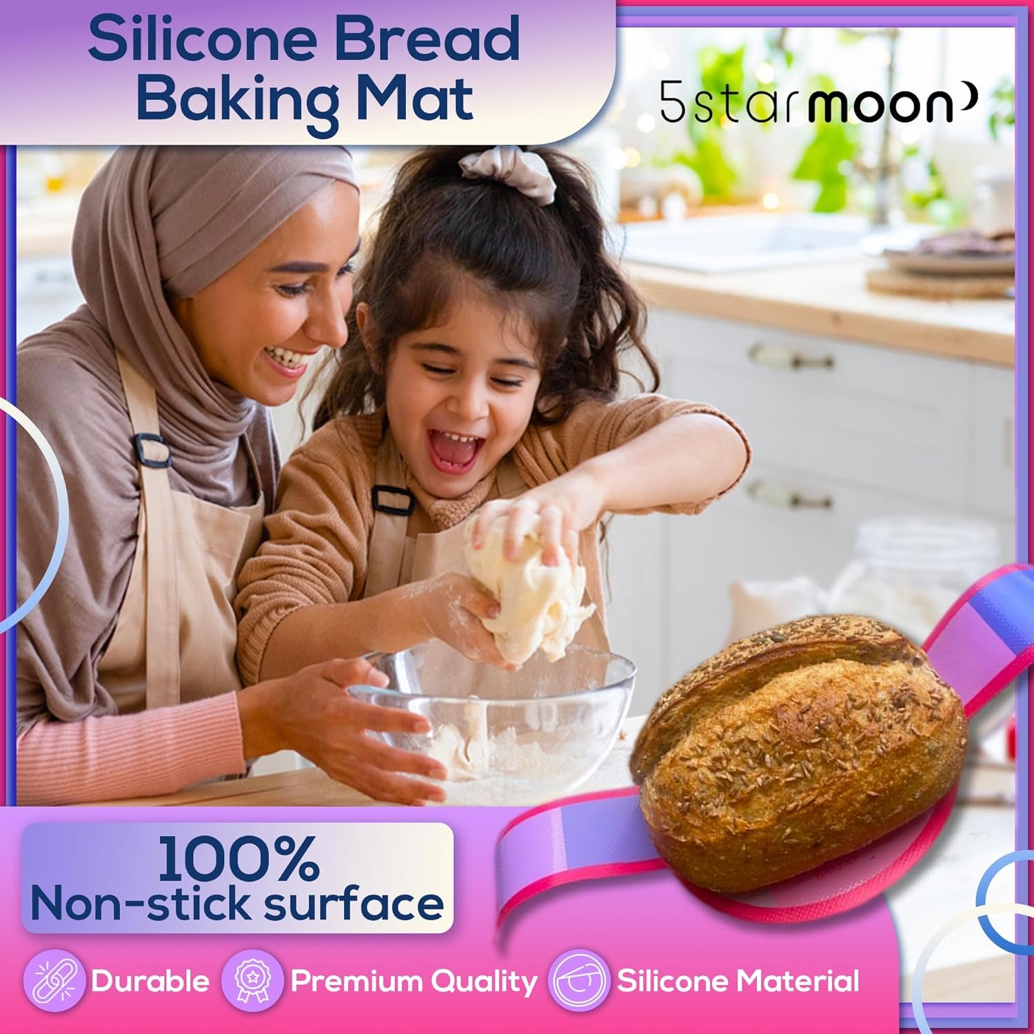 1 Silicone Bread Sling Dutch Oven Liner - Extra Thick Non-Stick Reusable Silicone Sourdough Bread Baking Mat with Long Handles, Sourdough Bread Baking Supplies for Easy Dough Transfer (Purple)