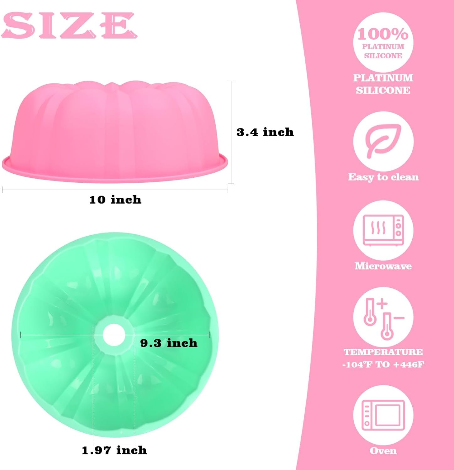 10 Inch Bundt Cake Pan (2 Pack) - 12 Cups Nonstick Fluted Tube Pan, Large Size Silicone Baking Molds for Cake, Brownie, Cornbread