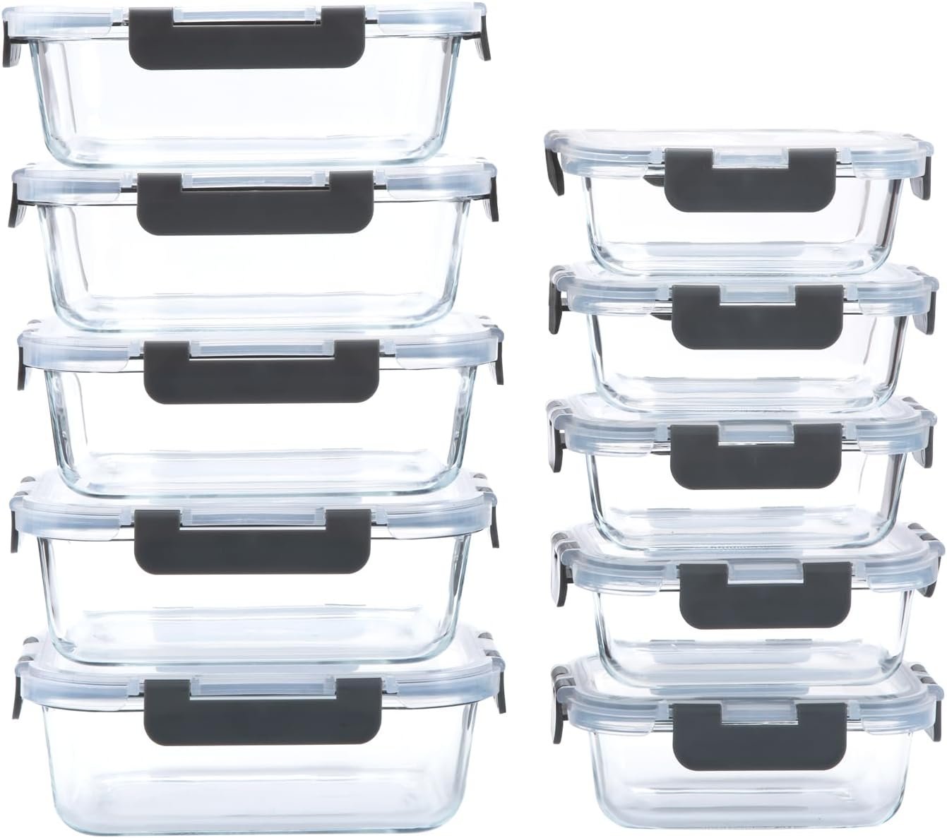 10-Pack Glass Food Storage Containers with Lids [Air-Tight,Leak-Resistant] Glass Containers for Food Storage, Meal Prep, Microwave, Freezer, Dishwasher Safe (Gray Set)