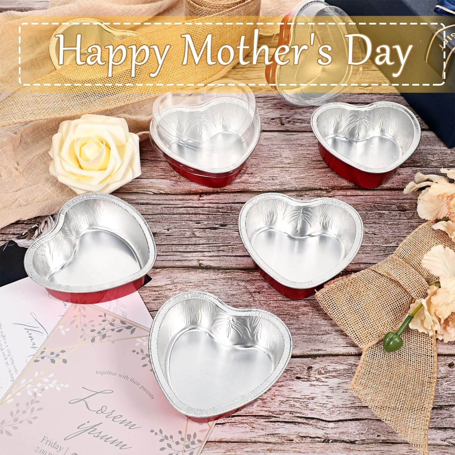 100 Sets Heart Shaped Cake Pans with Lids, 100 ml/ 3.4 ounces, Aluminum Heart Cupcake Pans Disposable Mini Cupcake Cup Flan Baking Cups Pan with Lid for Valentine Mothers Day Wedding (Red)