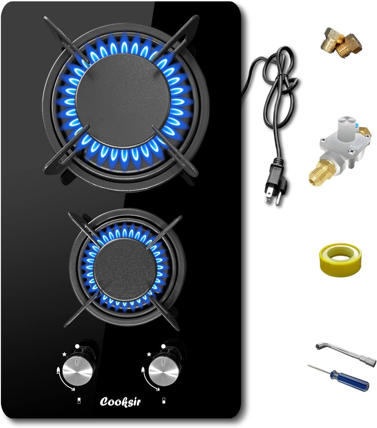 12 inch Gas Stove, 2 Burners Propane Cooktop Bulit-in, Indoor Gas Cooktop Suitable for Dual Fuel LPG/NG, Tempered Glass Gas Stove Top for Kitchen, Apartment, Indoor, 110-120V Plug in 12 inch Gas Stove, 2 Burners Propane Cooktop Bulit-in, Indoor Gas Cooktop Suitable for Dual Fuel LPG/NG, Tempered Glass Gas Stove Top for Kitchen, Apartment, Indoor, 110-120V Plug in