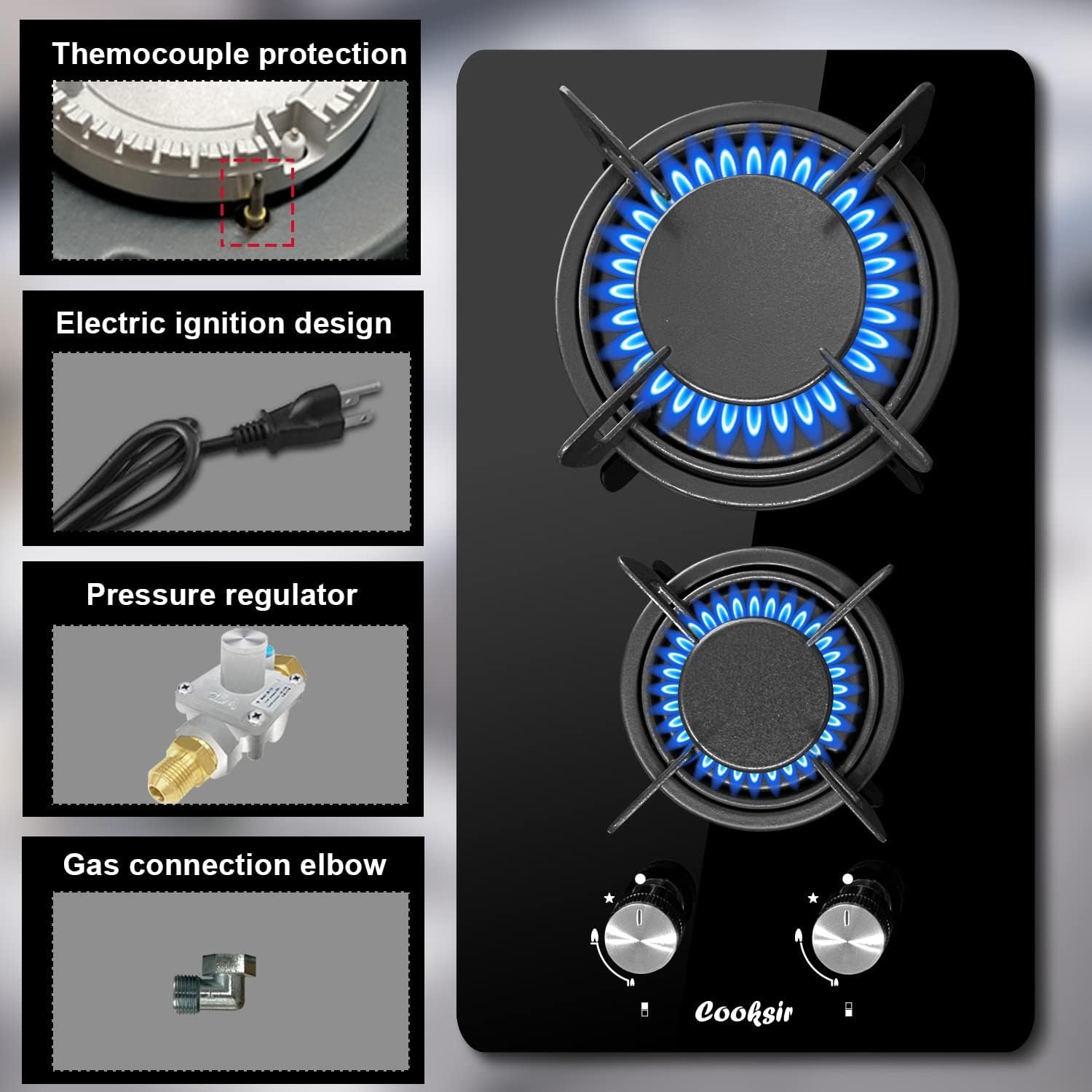 12 inch Gas Stove, 2 Burners Propane Cooktop Bulit-in, Indoor Gas Cooktop Suitable for Dual Fuel LPG/NG, Tempered Glass Gas Stove Top for Kitchen, Apartment, Indoor, 110-120V Plug in 12 inch Gas Stove, 2 Burners Propane Cooktop Bulit-in, Indoor Gas Cooktop Suitable for Dual Fuel LPG/NG, Tempered Glass Gas Stove Top for Kitchen, Apartment, Indoor, 110-120V Plug in