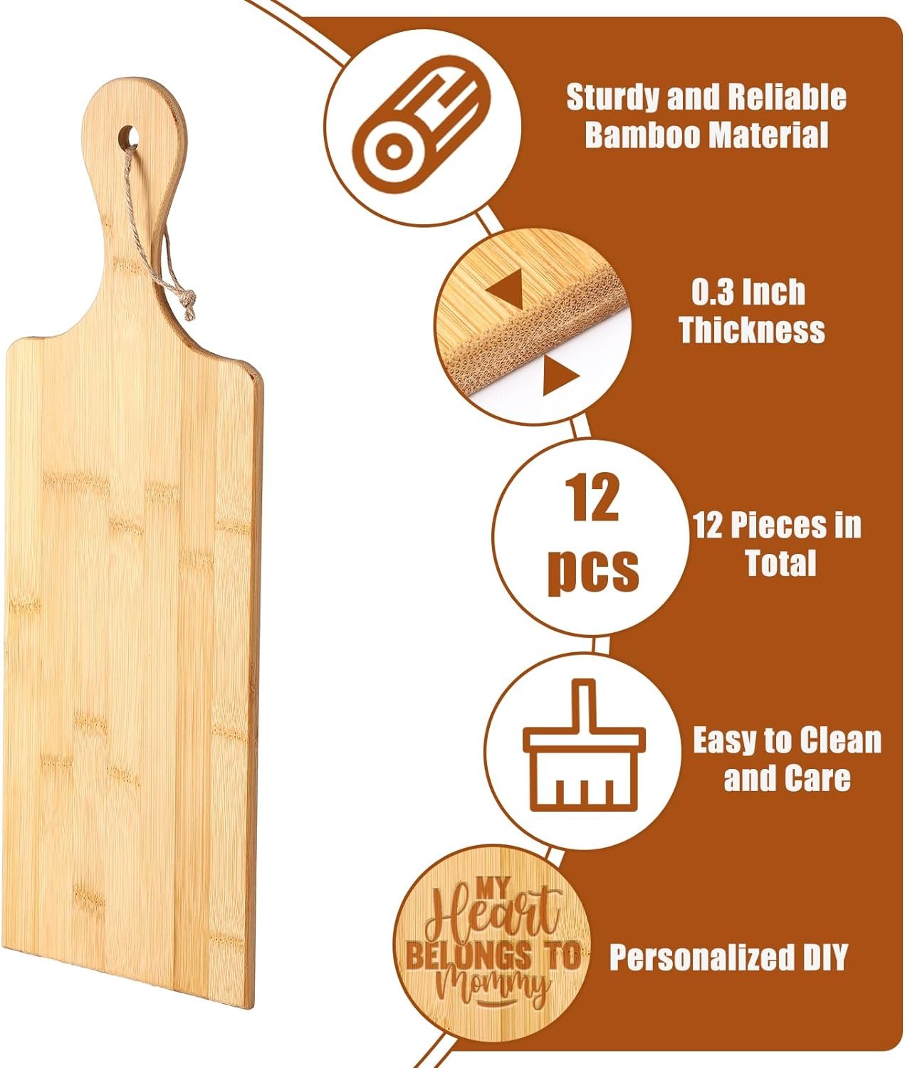 12 Packs Cutting Board Set Plain Chopping Board with Handles Large Serving Board Wooden Kitchen Cutting Board Bulk for Vegetables Meat Pizza Cheese Fruit Bread (15 x 7 Inch, Bamboo)