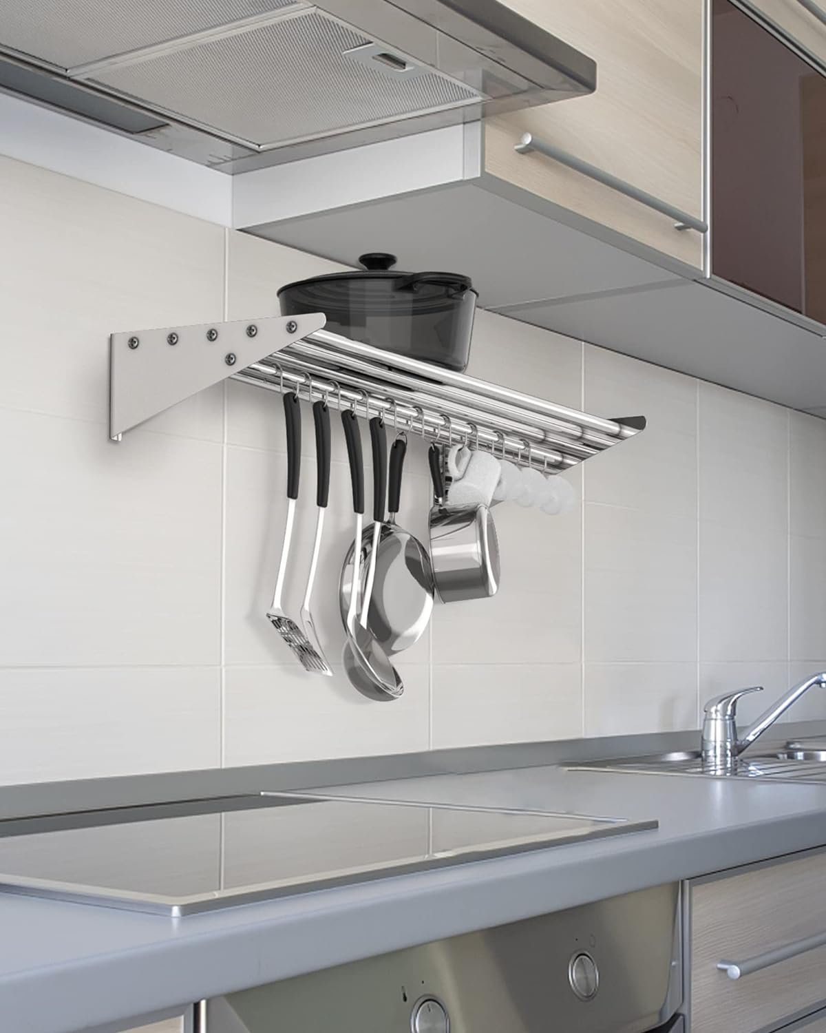 12 x 36 Stainless Steel Shelf Pot Rack NSF Certified 165lb Metal Wall Shelf with 10 S Removable Storage Hooks for Kitchen Storage  Organization Durable Pot Holder