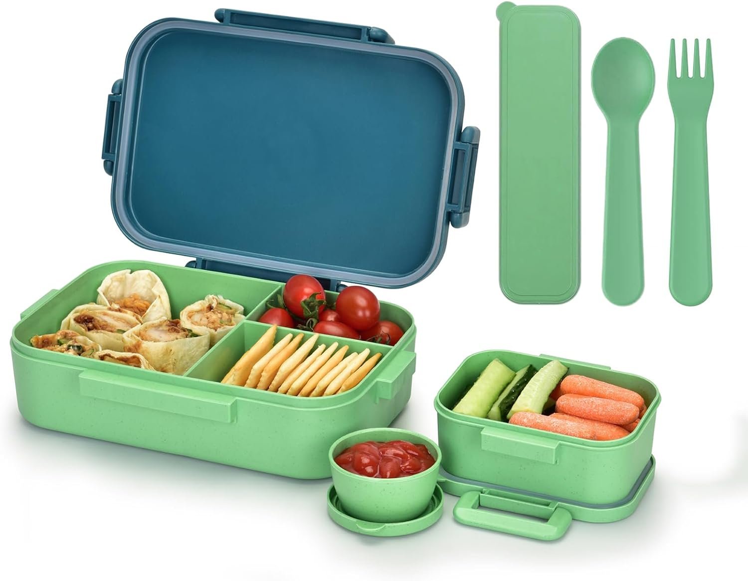 1200ML Bento Box, Wheat Straw Lunch Container With Utensil Set and Leak-Proof Movable Compartment, BPA-Free Lunch Box, Lightweight and Easy Open To-go Food Container for over 8 years old