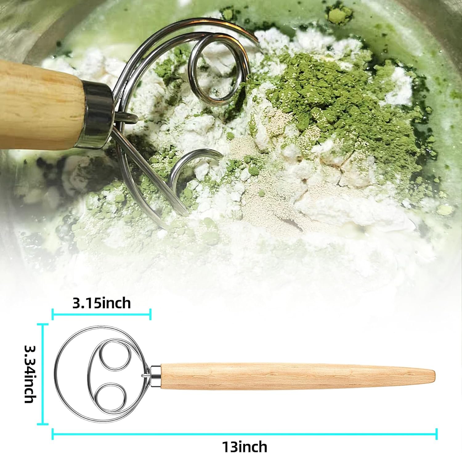 13 Inch Danish Dough Whisk,Large Wooden Danish Whisk for Dough With Stainless Steel Ring,Original Dutch Style Dough Hook for Kitchen Bread Making Tools and Supplies (2 Eyes Dough Whisk) 13 Inch Danish Dough Whisk,Large Wooden Danish Whisk for Dough With Stainless Steel Ring,Original Dutch Style Dough Hook for Kitchen Bread Making Tools and Supplies (2 Eyes Dough Whisk)