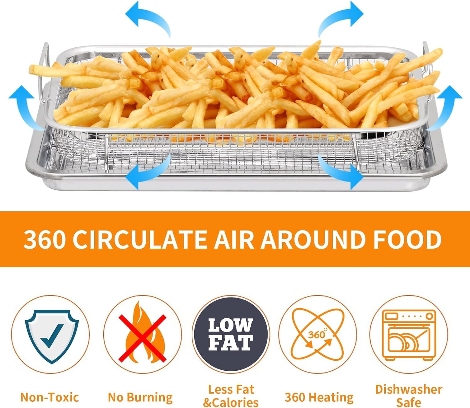 13x9.6 Inch Stainless Steel Air Fryer Basket for Oven, Toaster Oven Crisper Tray, Air Fryer Basket for Convection Oven Cooking Baking Cooling, 2-Piece Set for Fries/Bacon/Chicken(Silver)
