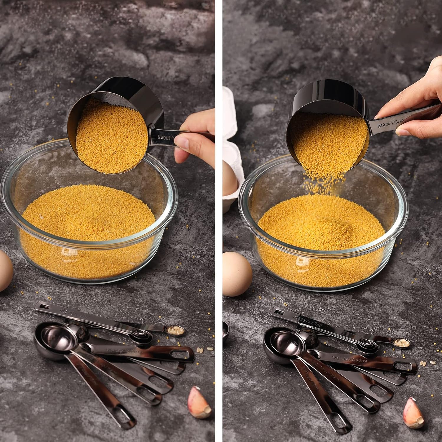 16 Pcs Stainless Steel Measuring Cups and Measuring Spoons Set, Heavy Duty Metal Measuring Cups and Spoons for Kitchen Cooking Baking Includes 5 Cups, 6 Tbsp Tsp Spoons  5 Mini Spoons(BLK)