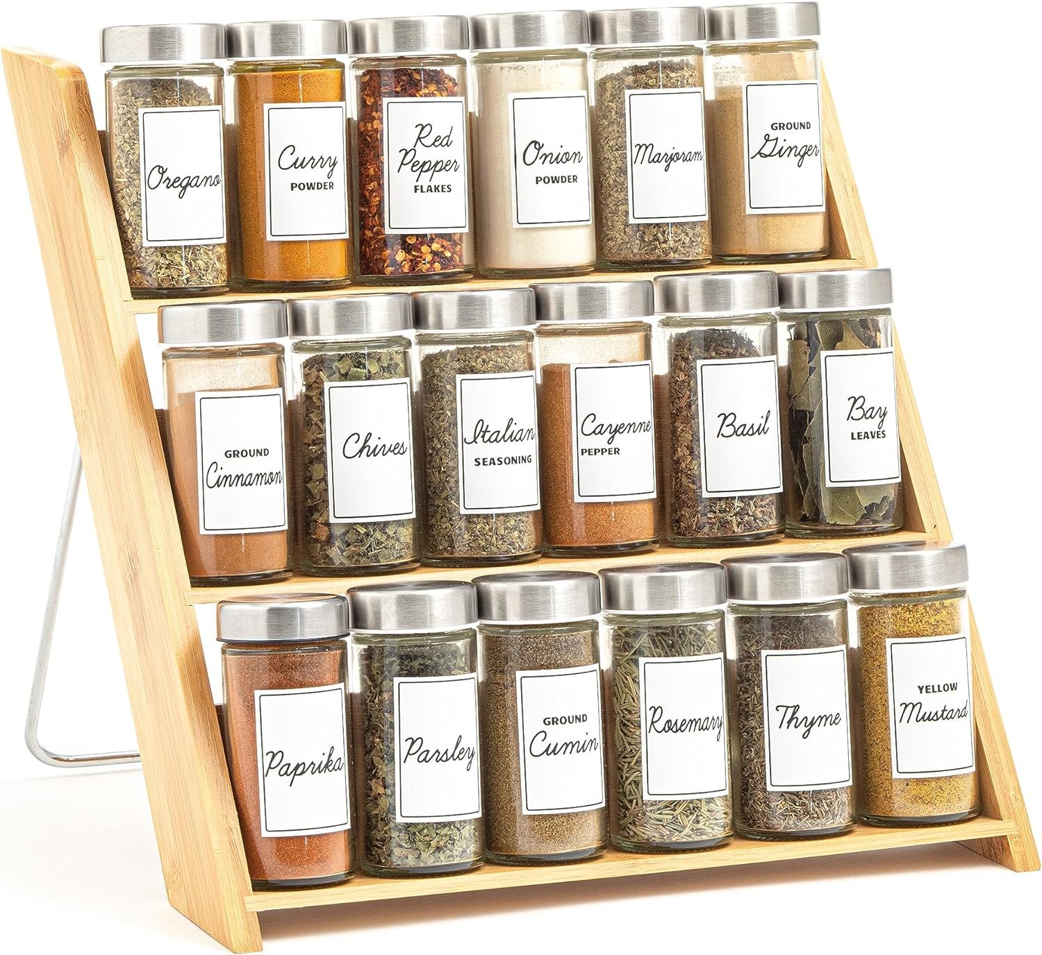 18 Jar Bamboo Compact Spice Organizer for Countertop and Kitchen Drawer, Filled with Spices, 5 Year Spice Refill Program