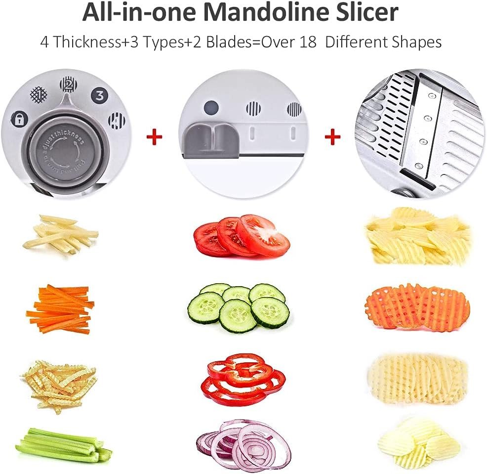 18 Types Adjustable Mandoline Slicer, Foyomo Stainless Steel Manual Cutter Vegetable Grater Julienne Slicer Waffle Fruit Kitchen Potato Cutter White 18 Types Adjustable Mandoline Slicer, Foyomo Stainless Steel Manual Cutter Vegetable Grater Julienne Slicer Waffle Fruit Kitchen Potato Cutter White