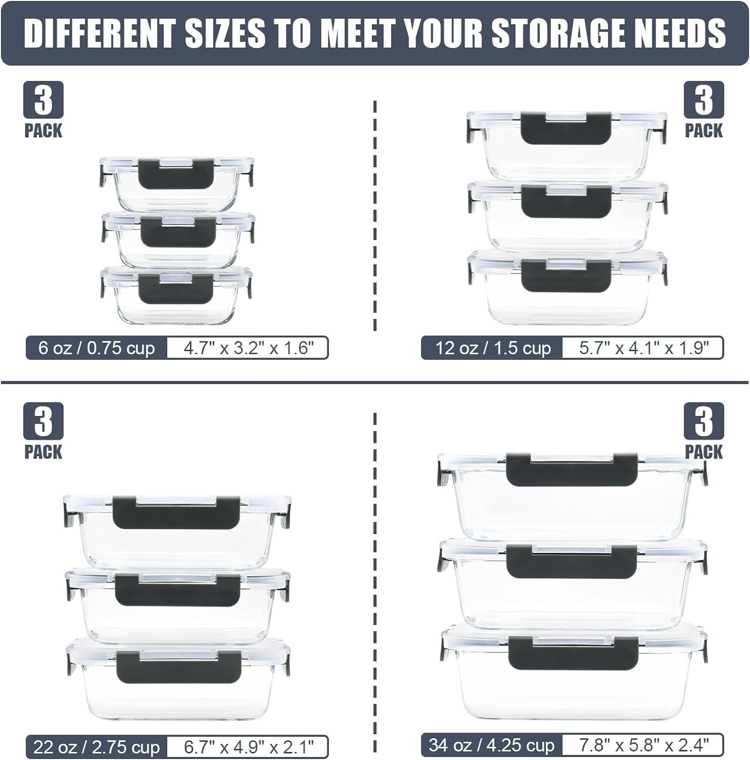 18pc Glass Food Storage Containers with Lids Airtight, 9 Pack Rectangular Glass Meal Prep Containers, Dishwasher, Microwave, Freezer Safe