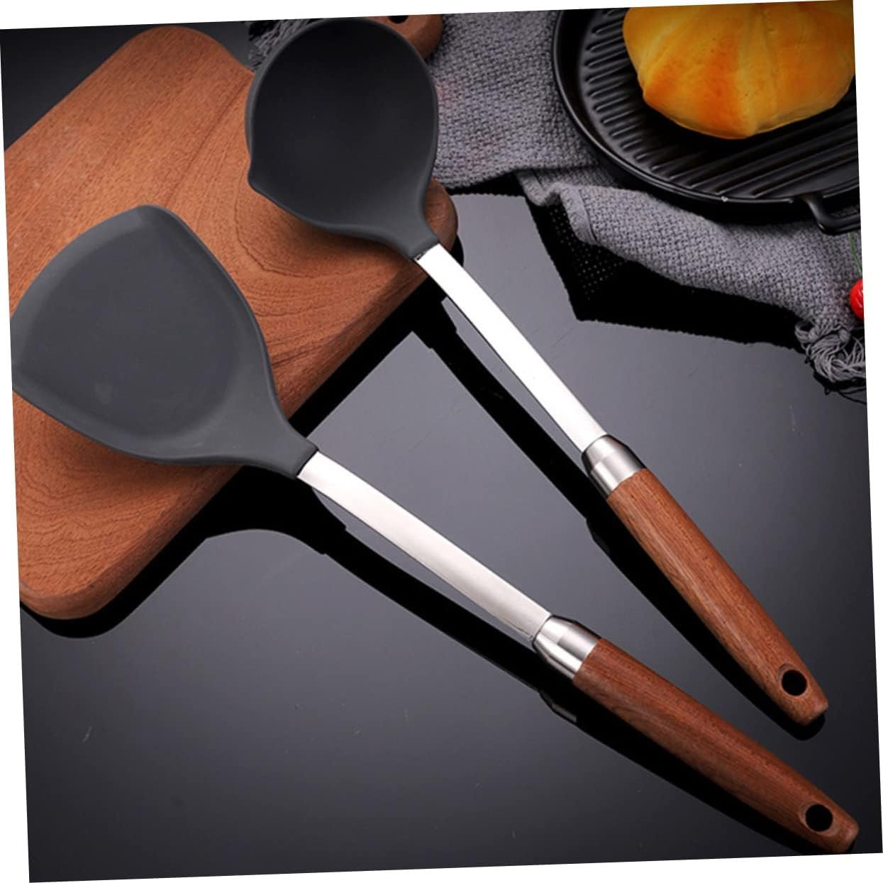 1pc Silicone Spoon Wooden Cooking Utensils Soup Spoons Stainless Steel Cookware Wooden Utensils for Eating Wood Tools Silicone Utensil Rest Non Stick Cooking Tools Kitchen Gadget