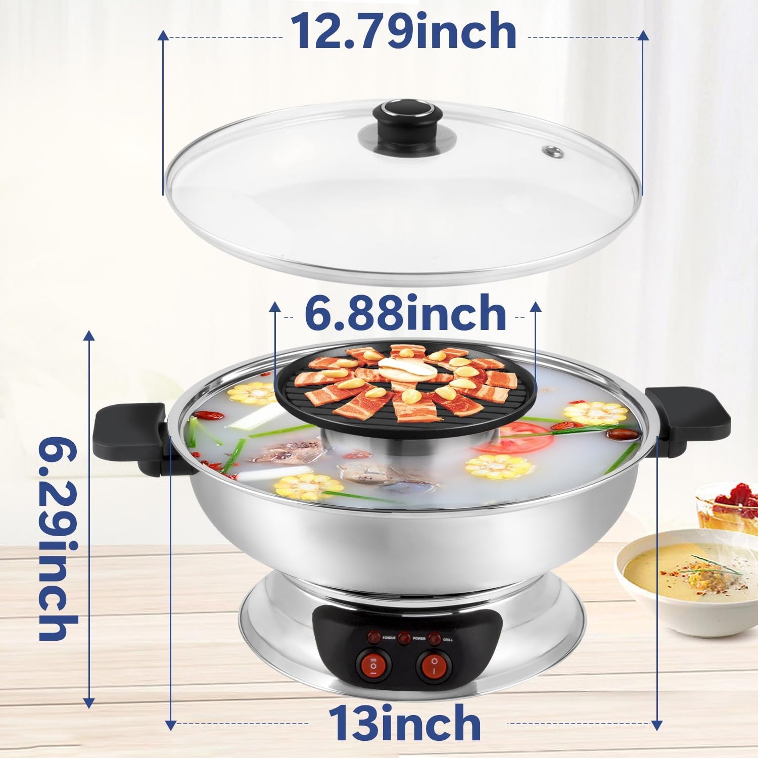 2 in 1 Hot Pot with Grill, Shabu Shabu Pot 304 Stainless Steel 1200W Indoor 4L Large Electric Hot Pot, Separate Temperature Control, Korean BBQ, Boiling for Family Gathering