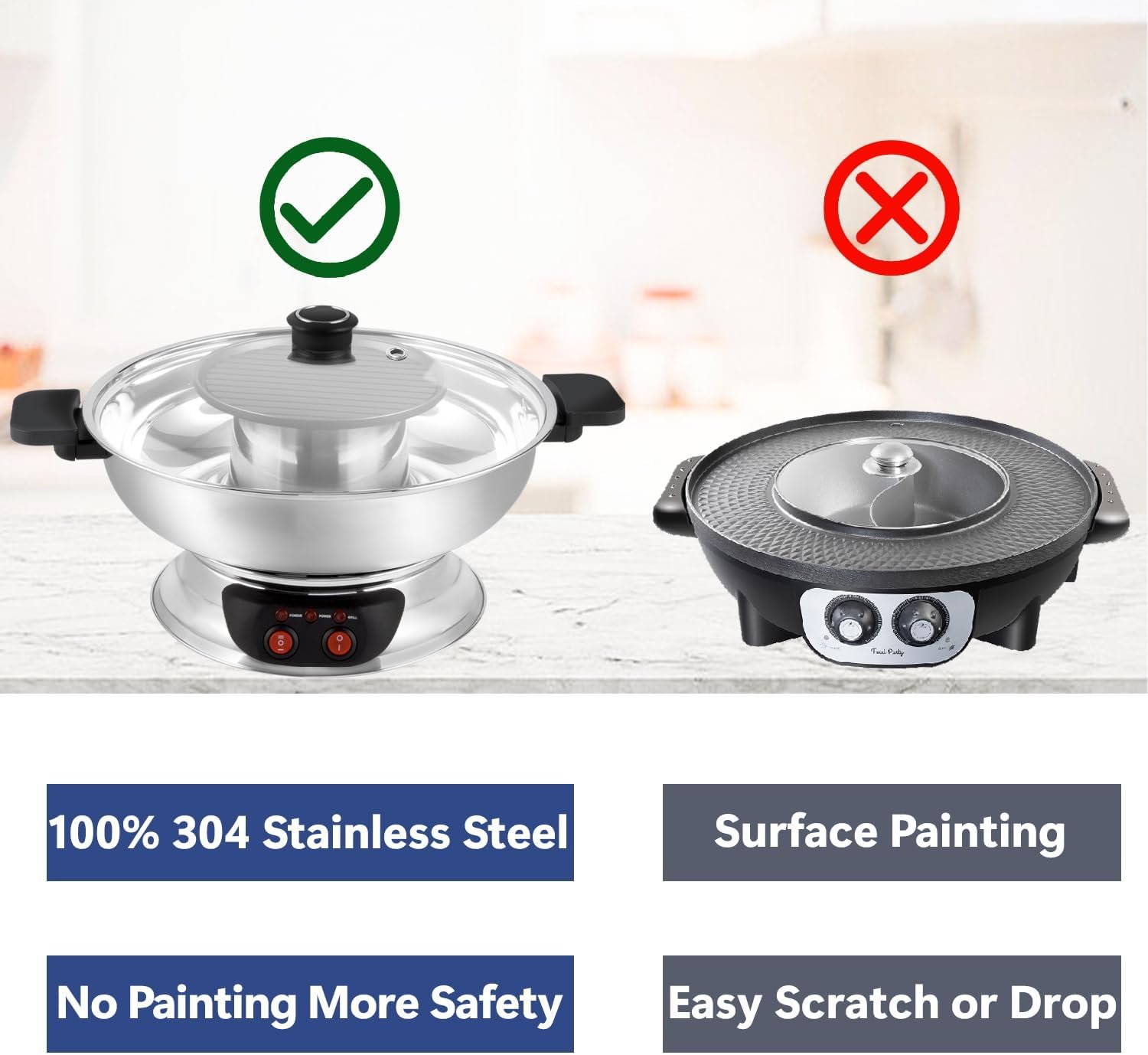2 in 1 Hot Pot with Grill, Shabu Shabu Pot 304 Stainless Steel 1200W Indoor 4L Large Electric Hot Pot, Separate Temperature Control, Korean BBQ, Boiling for Family Gathering