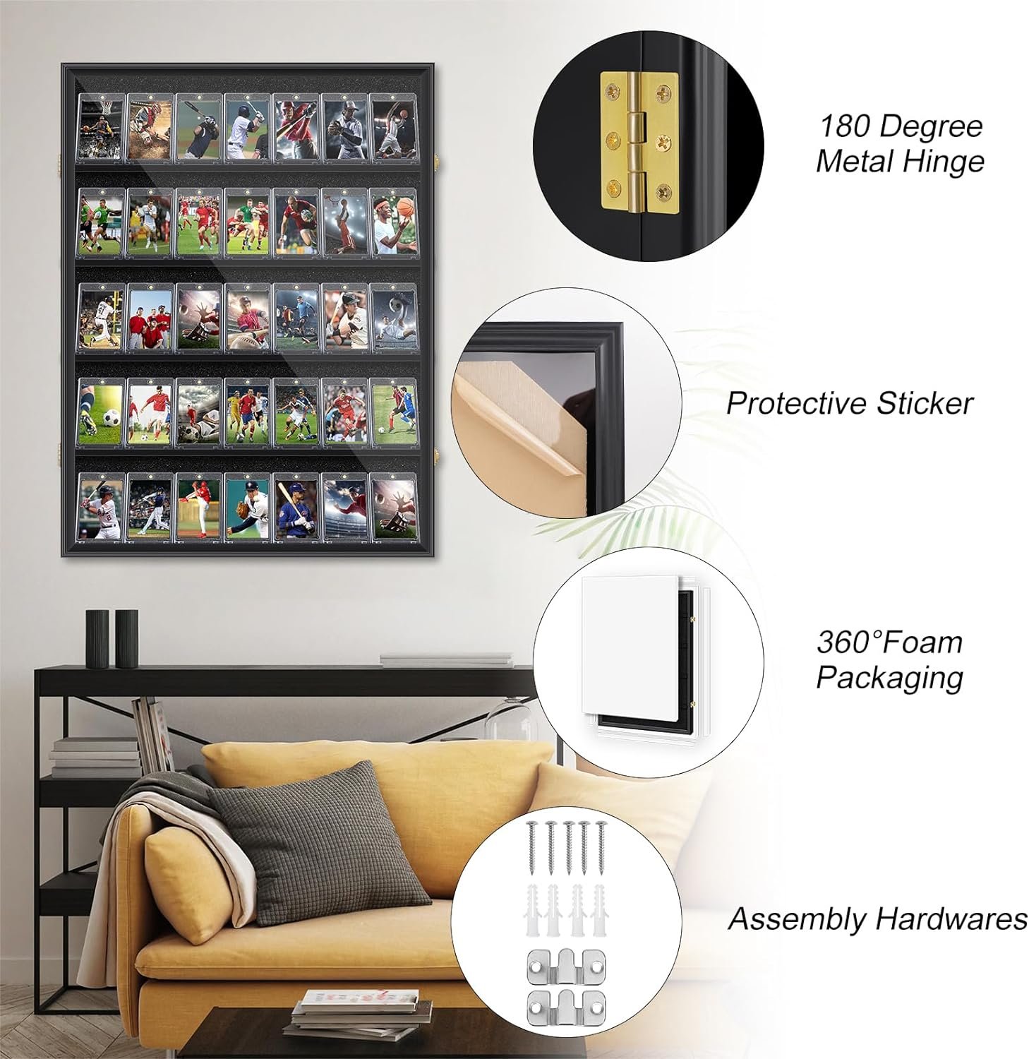2 Pack Baseball Card Display Case, 36 Graded Large Black Sports Card Display Case,Sturdy Lockable Acrylic Display Case with 98% UV Protection Clear View for Baseball Basketball Hockey Trading Cards…