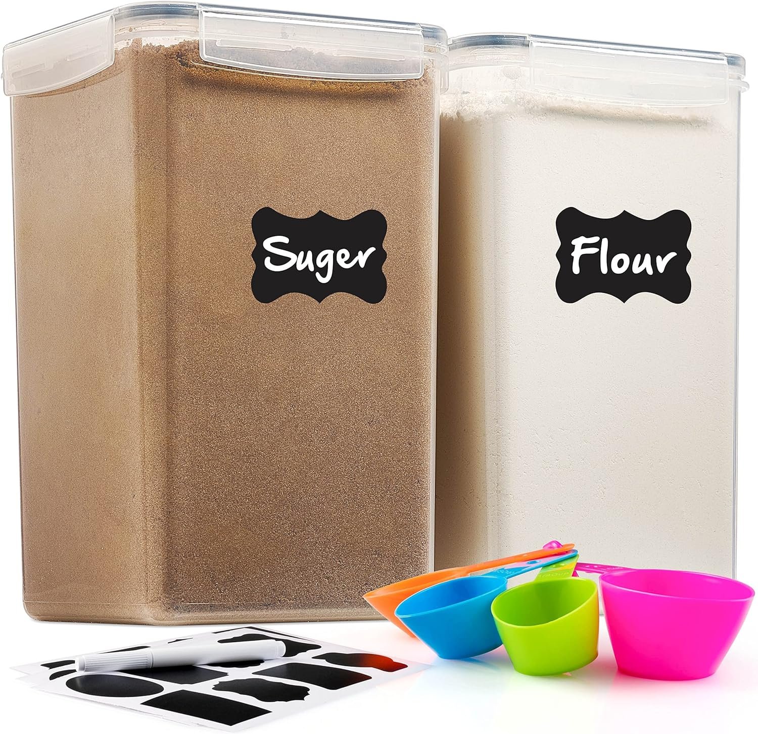 2 Pack Extra Large Airtight Food Storage Containers - 6.5L / 220 Oz BPA Free Clear Plastic Kitchen and Pantry Organization for Flour, Sugar, Rice  Baking Supply - Labels, Marker  Spoon Set