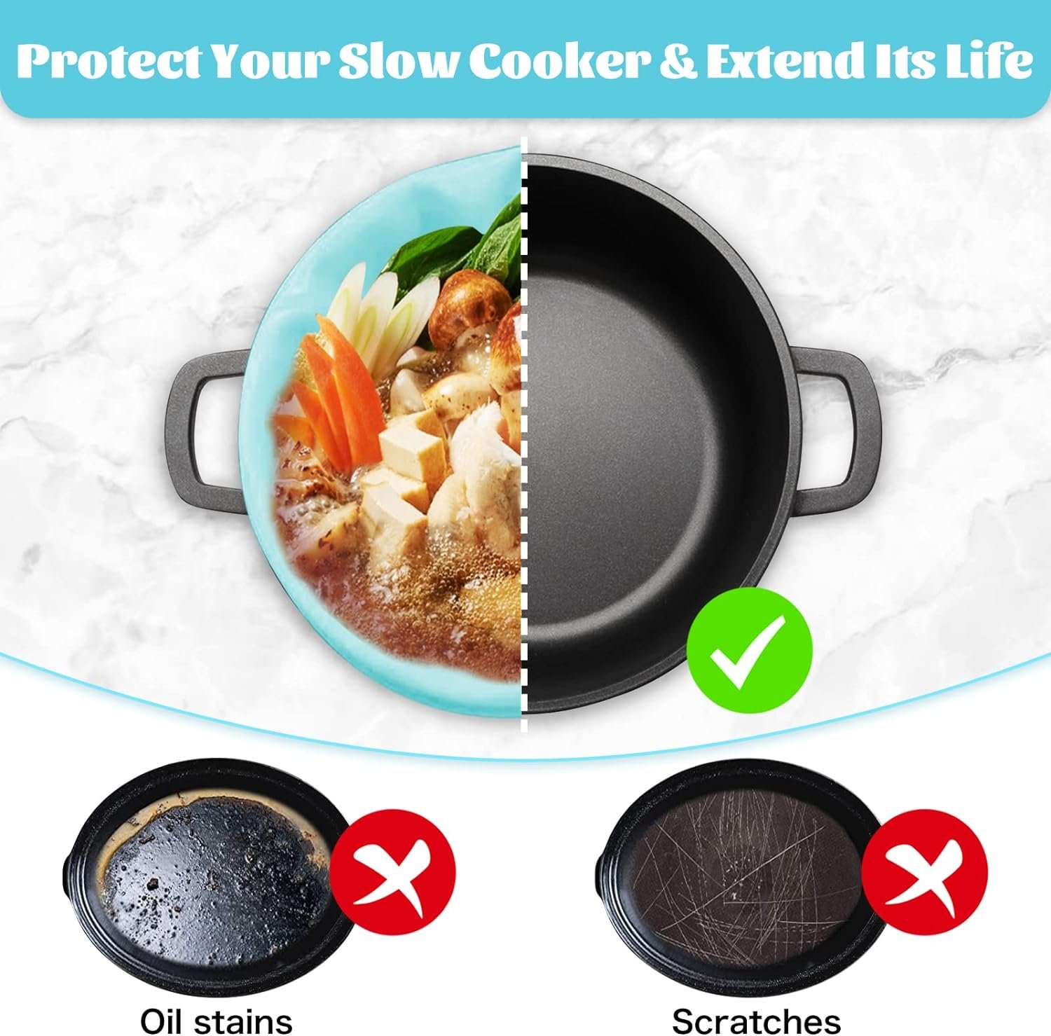 2 Pack Silicone Slow Cooker Liners,Reusable Leakproof Cooker Bags Divider,Cooking Liner Fit 6 7 8 Quarts Oval or Round Pot,Slow Cooker Pot Accessories (PinkBlue)