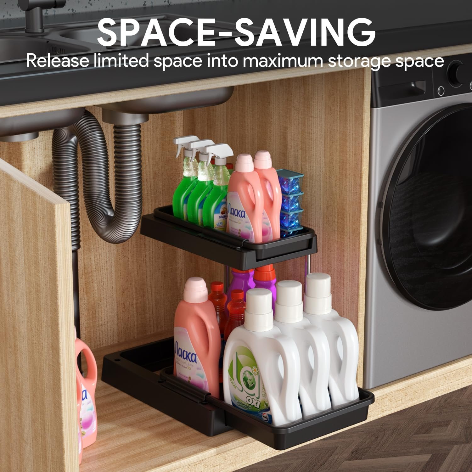 2 Pack Under Sink Organizer and Storage, 2-Tier Dual Pull Out Kitchen Cabinet Bathroom Counter Organizer Shelf L-Shape Storage Drawer Shelves for Bathroom Kitchen