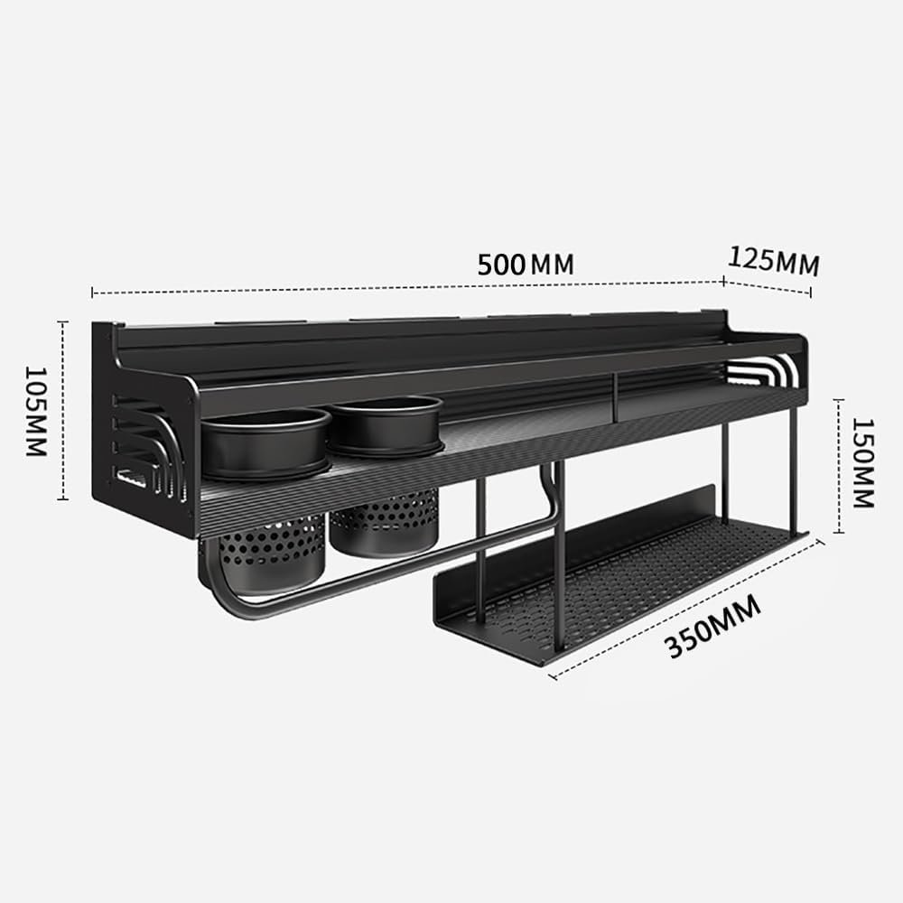 2-Tier Kitchen Organizer Rack Wall Mounted, Storage Shelf with 8-Hooks for Pans, Seasoning Organizer for Kitchen Organization and Storage, Black