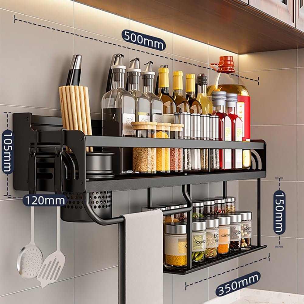 2-Tier Kitchen Organizer Rack Wall Mounted, Storage Shelf with 8-Hooks for Pans, Seasoning Organizer for Kitchen Organization and Storage, Black
