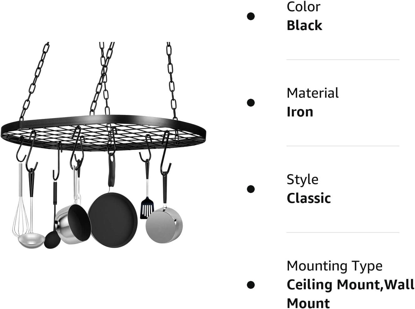 20 Inch Pots and Pans Organizer Hanging Pot Rack Pot and Pan Organizer with 20 S Hooks for Home, Restaurant, Kitchen Cookware, Utensils, Books, Household (Black)