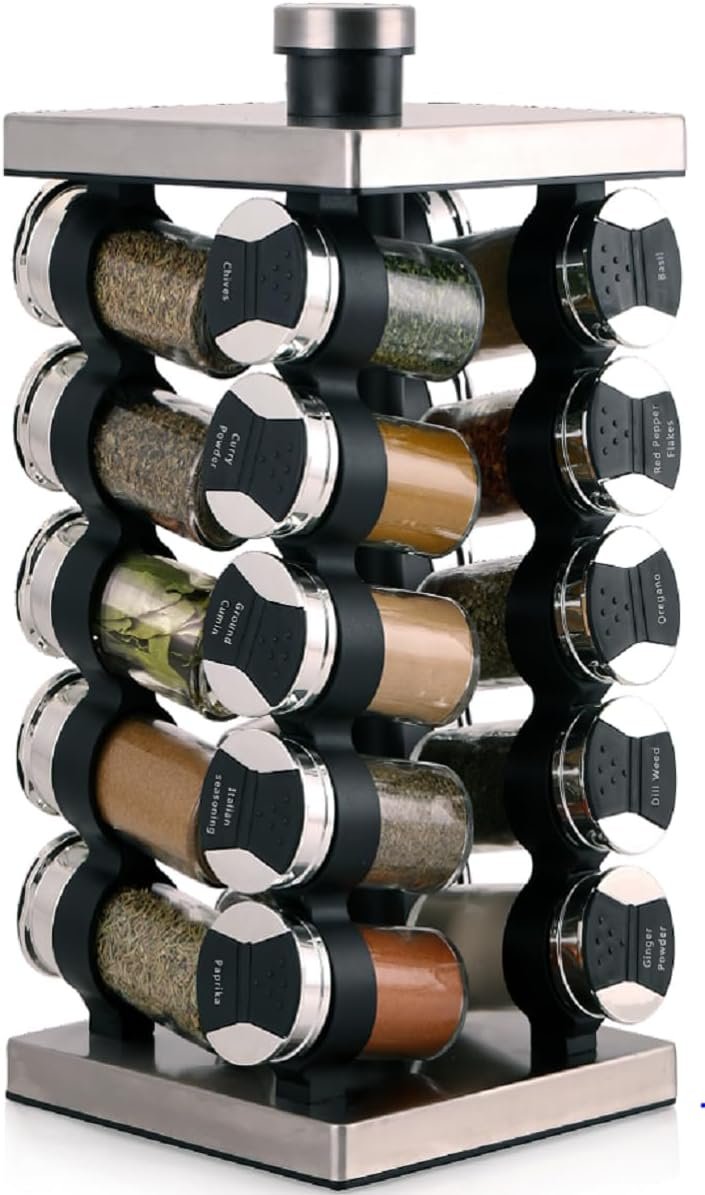 20 Jar Spice Rack with Spices Included - Tower Organizer for Kitchen Spices and Seasonings, Free Spice Refills for 5 Years (Silver Black)