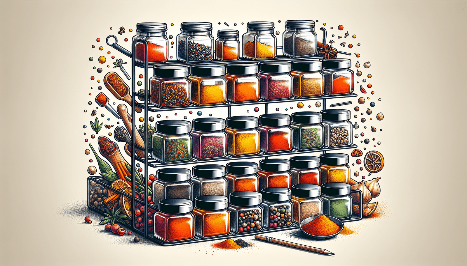 20 Jar Spice Rack with Spices Included - Tower Organizer for Kitchen Spices and Seasonings, Free Spice Refills for 5 Years (Silver Black)