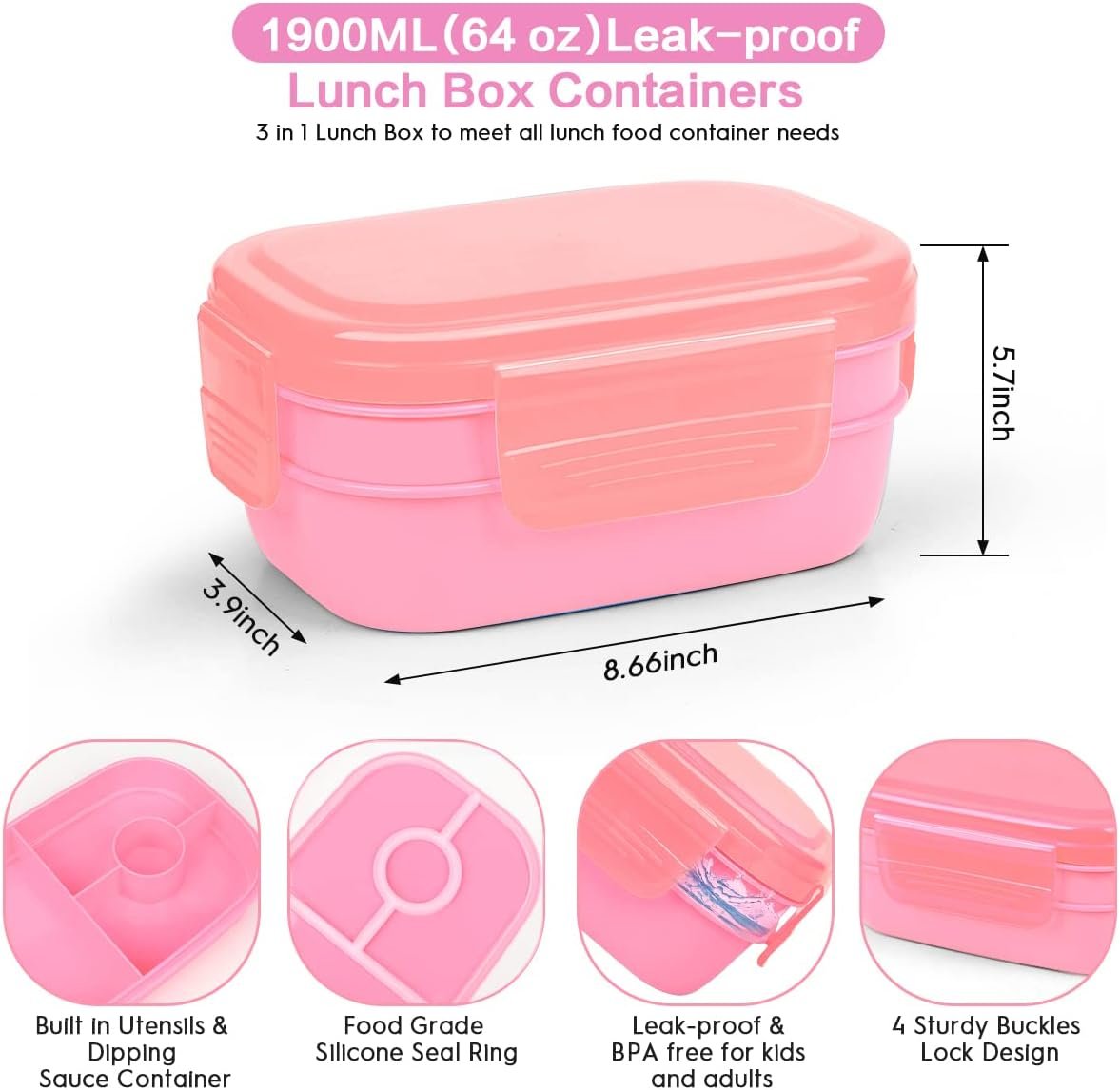 29 Packs Bento Box Kids Adult Lunch Box 1900ML 3 Layer Stackable Lunch Box with Lunch Bag, Multiple Compartments Bento Box With Built-in Utensil Set, DIY Accessories, Bags (Pink) 29 Packs Bento Box Kids Adult Lunch Box 1900ML 3 Layer Stackable Lunch Box with Lunch Bag, Multiple Compartments Bento Box With Built-in Utensil Set, DIY Accessories, Bags (Pink)