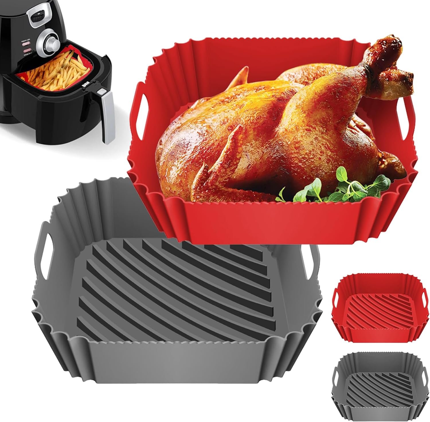 2Pcs Air Fryer Silicone Liners, 8.5 Reusable Heat Resistant, for 4 to 7 QT Air Fryer Inserts for Oven Microwave (Red+Gray)