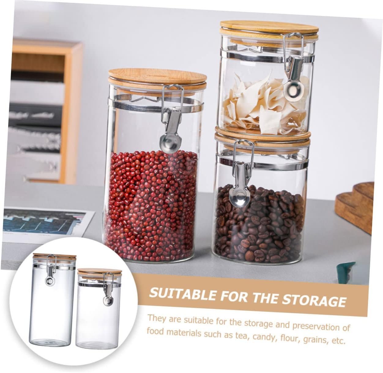 2pcs Glass Storage Jar Terrarium Glass Jars with Airtight Lids Food Storage Containers with Lids Storage Containers for Pantry Rice Container Flour Wood Jar