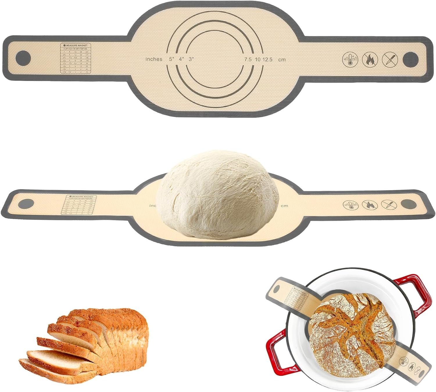 2Pcs Silicone Bread Sling Non-Stick Silicone Baking Mat Sling Heat Resistant Silicone Dutch Oven Liner with Long Handle Reusable Silicone Bread Mat Silicone Baking Sheets for Transfer Dough