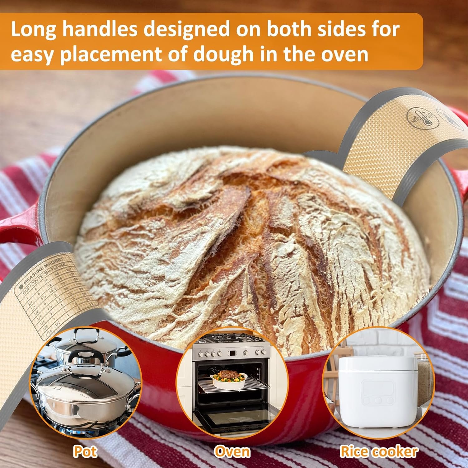 2Pcs Silicone Bread Sling Non-Stick Silicone Baking Mat Sling Heat Resistant Silicone Dutch Oven Liner with Long Handle Reusable Silicone Bread Mat Silicone Baking Sheets for Transfer Dough