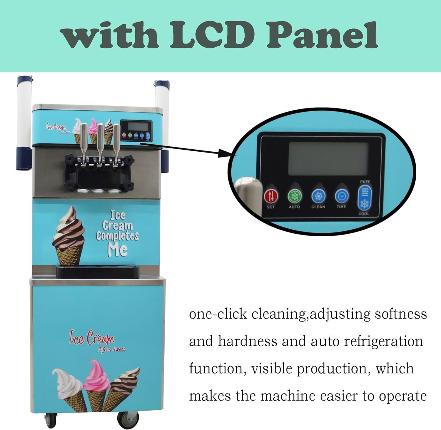 3 Flavors Commercial Soft Serve Ice Cream Machine Pre-cooling Function Soft Ice Cream Maker with LCD Panel 6.6-9.2 Gallon/H Perfect Ice Cream Machine for Bars Coffee Shop Supermarket